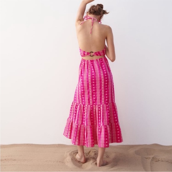 Zara Dresses & Skirts - Zara limited edition openwork work embroidered cotton halter midi dress